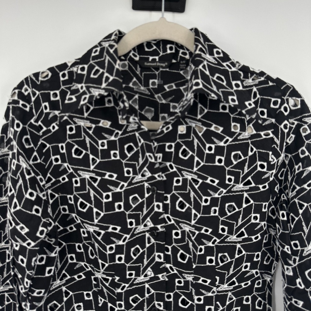 Samuel‎ Dong Shirt Womens Small Black White Sheer Embroidered Geometric Top - Picture 2 of 9